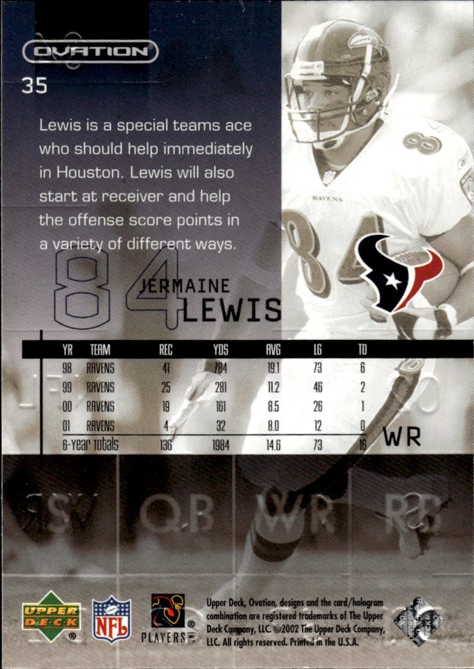 2002 Upper Deck Ovation #35 Jermaine Lewis Houston Texans - Image 2 of 2