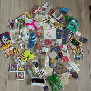 Vintage 80s–90s Cereal Box Prizes & Toy Lot — Stickers & Trinkets, Many Sealed
