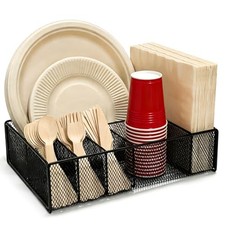 Paper Plate Organizer for Countertop - Metal Utensil Caddy Silverware Black