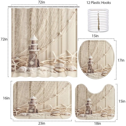 4 Piece Shower Curtain Sets, Beach Beige with Non-Slip Rugs, Toilet Lid Cover... - Picture 2 of 7