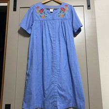 Vintage 90 s National Chambray House Dress Embroidered Floral Blue Lounger Sz L