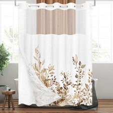 No Hooks Snap in Liner Tan Eucalyptus Leaves Shower Curtain Sets Hotel Luxury