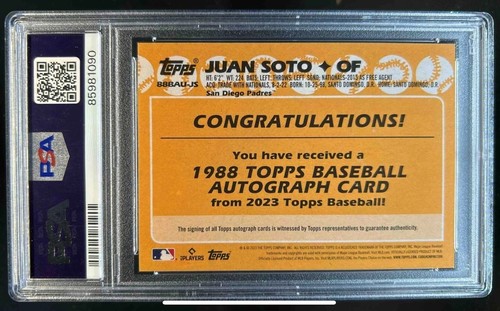 2023 Topps Update - JUAN SOTO 1988 Topps Baseball Autographs ON CARD AUTO -PSA 9 - Picture 2 of 2