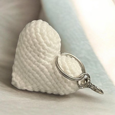 Handmade White Crochet Knitted Heart Keychain, Unique Handcrafted Gift Accessory