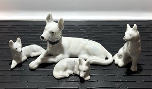 RARE Set of 4 White GERMAN SHEPHERD Dogs Porcelain Iridescent Lusterware Japan