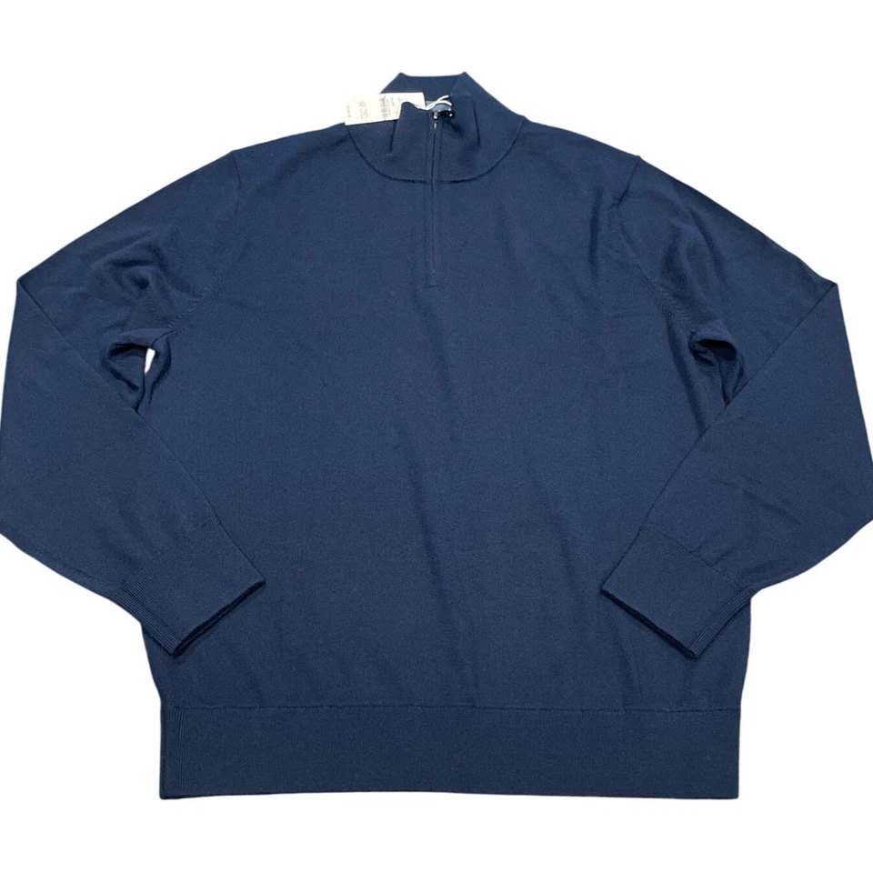 NWT J.Crew Men's Sz L Navy Blue Merino Wool Half-Zip Sweater Machine Wash CB608 - Image 2 of 4