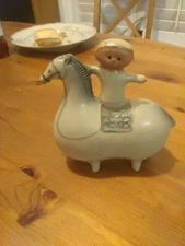 PRIMATIVE FOLK ART GLAZED CLAY HORSE WITH CHILD RIDER BY Lisa Larson  #13235