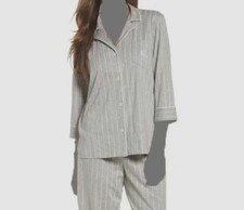  34 Ralph Lauren Women's Gray Striped Logo Knit Collar Cotton Pajama Top Size S