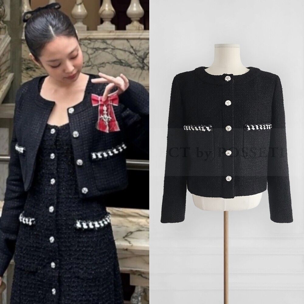 ☆24P フェミニンな雰囲気☆CHANEL ジャケット NWT CHANEL 24P JENNIE BLACK TWEED 2-POCKET SHORT JACKET FR40