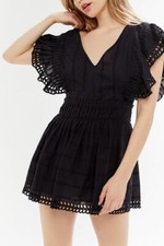 Urban Outfitters UO Cassie Embroidered Eyelet Tie-Back Romper Pleated Black XS 2
