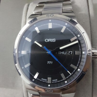 ORIS TT1 Day Date Black Dial Steel Watch. Watch pics taken with original plastic
