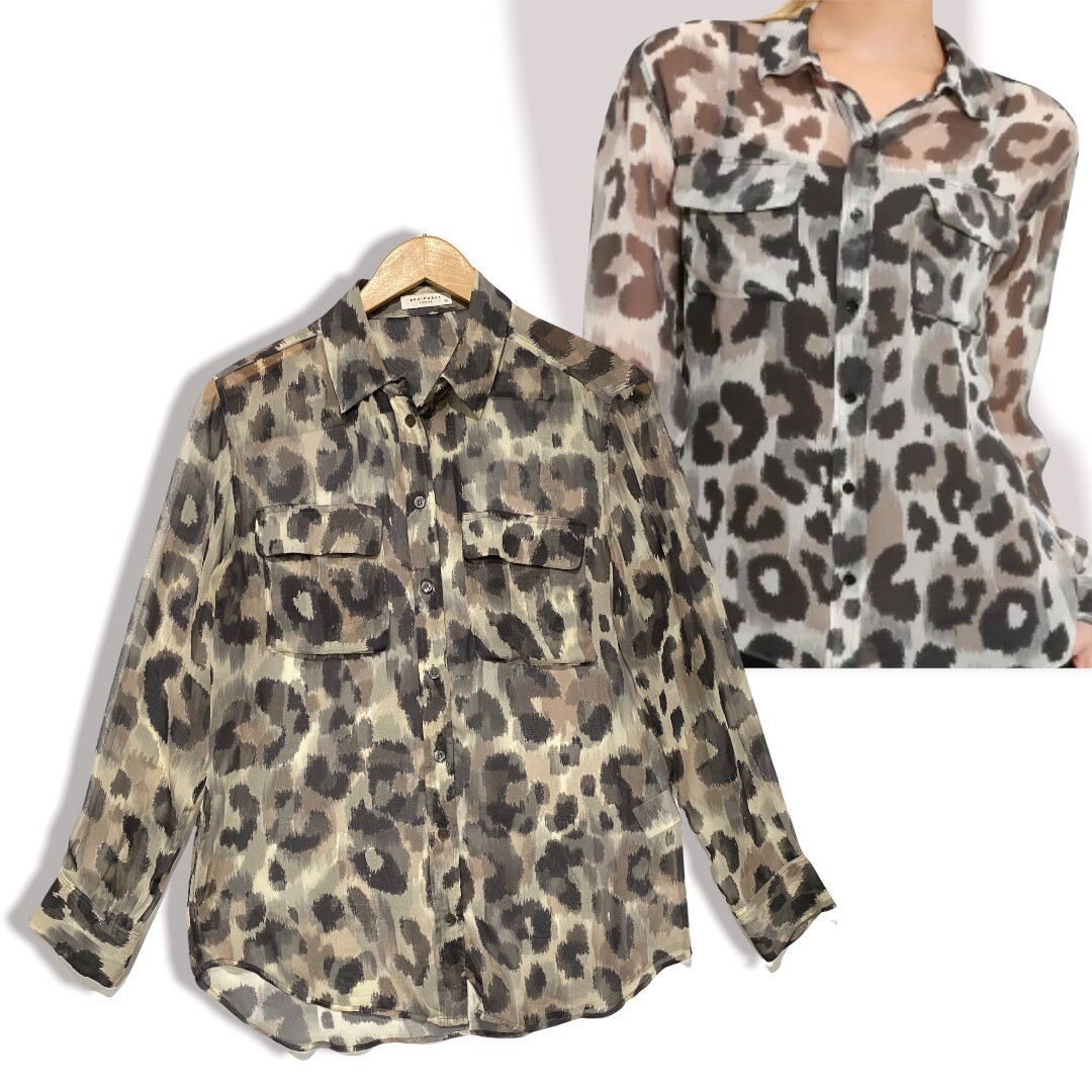 Equipment Femme womens blouse top XS Cheetah button 100% silk animal print