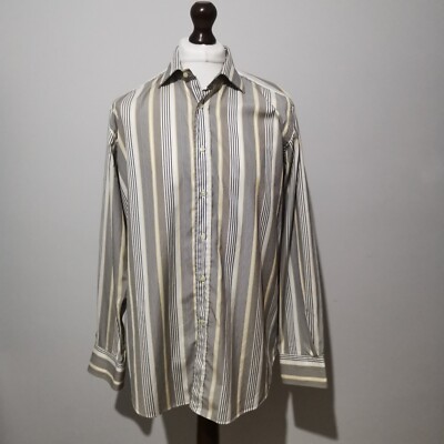 Etro Milano Herren Hemd 42 XL 16,5 Blau Weiß Gelb Streifen Italienische Baumwolle Slim