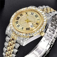 Men Watch Hip Hop Iced Two Tone Rapper Bling Simulated Diamond Luxury Date