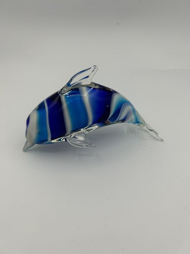 Blue White Bottlenose Dolphin Striped Art Glass Paperweight Sculpture 6"