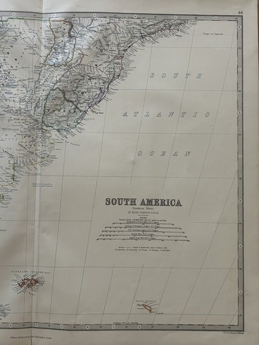 1876 Chile & Argentina Large Hand Coloured Original Antique Map by Johnston - Picture 3 of 3