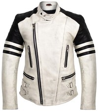Herren Retro Motorrad Lederjacke mit Protektoren in Creme Weiß Bikerjacke Rocker