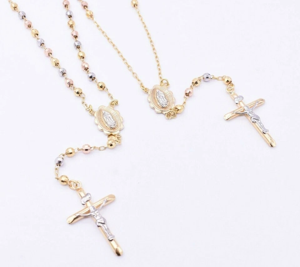 4mm Tri-Color Diamond Cut Cross Rosary Crucifix Necklace Real 10K Tri Color Gold - Image 2 of 4
