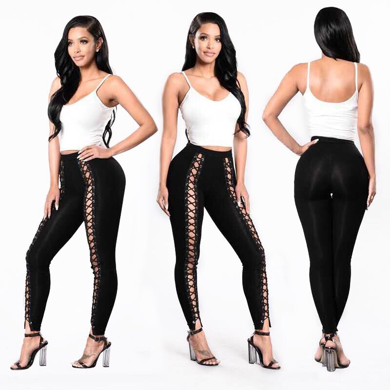 Womens Lace Up Front Workout Leggings Chic Punk Stretch Skinny