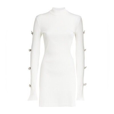mach and mach mini dress Mach and Mach Crystal Bow Long Sleeve Cutout Knit Mini Dress US-12