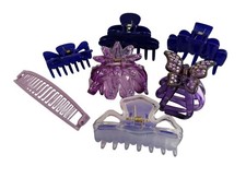 Vintage Lot 6 Purple Plastic Hair Claw Clips Rhinestones, Butterfly, Banana 80s