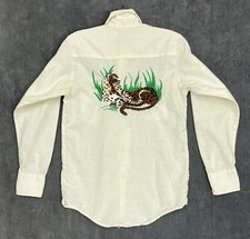 VTG 70s Orange Tab Levi  s Women S White Chambray Button Shirt EMBROIDER LEOPARD