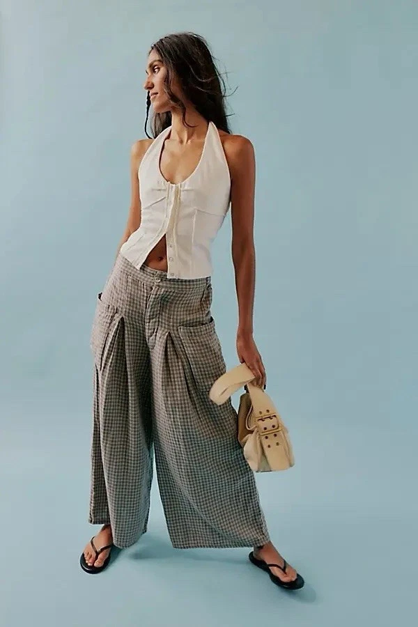 Free People East Side Wide Leg Mid Rise Pleated Crop Blue Brown Trouser Sz L NEW