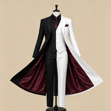 Splicing Men's Suit Black and White Wedding Groom Party Prom Long Coat Pant Vest