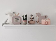 Set of 2 Handmade Wooden Nursery Toys, Rocking Horse  TV in Pastel Pink