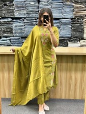 Women Olive Green Embroidered Kurta Pant Dupatta Set Ethnic Traditional Suit