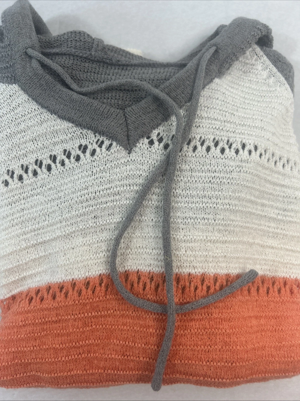 Sweater Hoodie Woman M Color Block Crochet Mix Knits Neutral Minimalist Top BoHo
