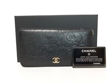 CHANEL Camellia Calfskin Zip Around Long Wallet Black CC Logo Box Guarantee