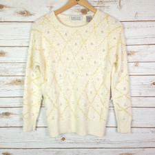 Vintage Karen Scott Sweater Women Small Ivory Sequined Beaded Pullover