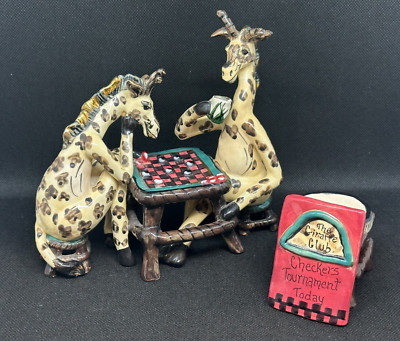 Clayworks by Blue Sky Ceramic Giraffes Playing Checkers 2 Piece Set RARE READ!