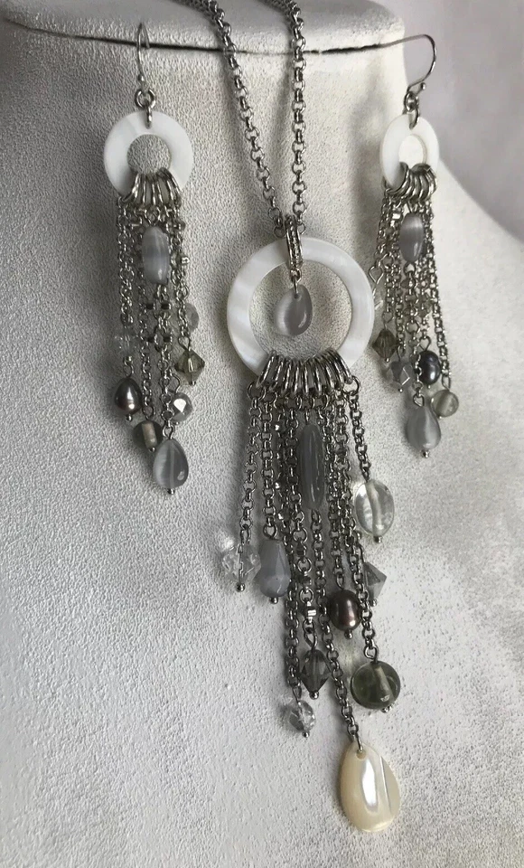 Pendiente Collar Lia Sophia Cascade 26-29" Largo Tono Plateado MOP Gris Ojo de Gato Foto 3 de 4