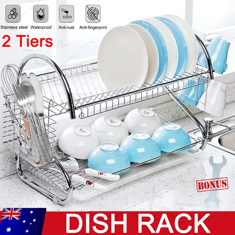2 tier Dish Drying Rack Drainer Cup Plate Holder Cutlery Tray Kitchen Organizer - image 2 of 4