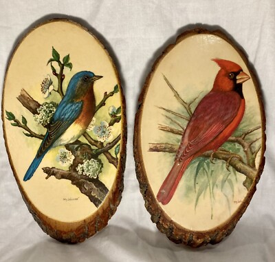 2 Vintage P.H. Gonner Bird Wooden Art Plaques Cardinal And Blue Bird