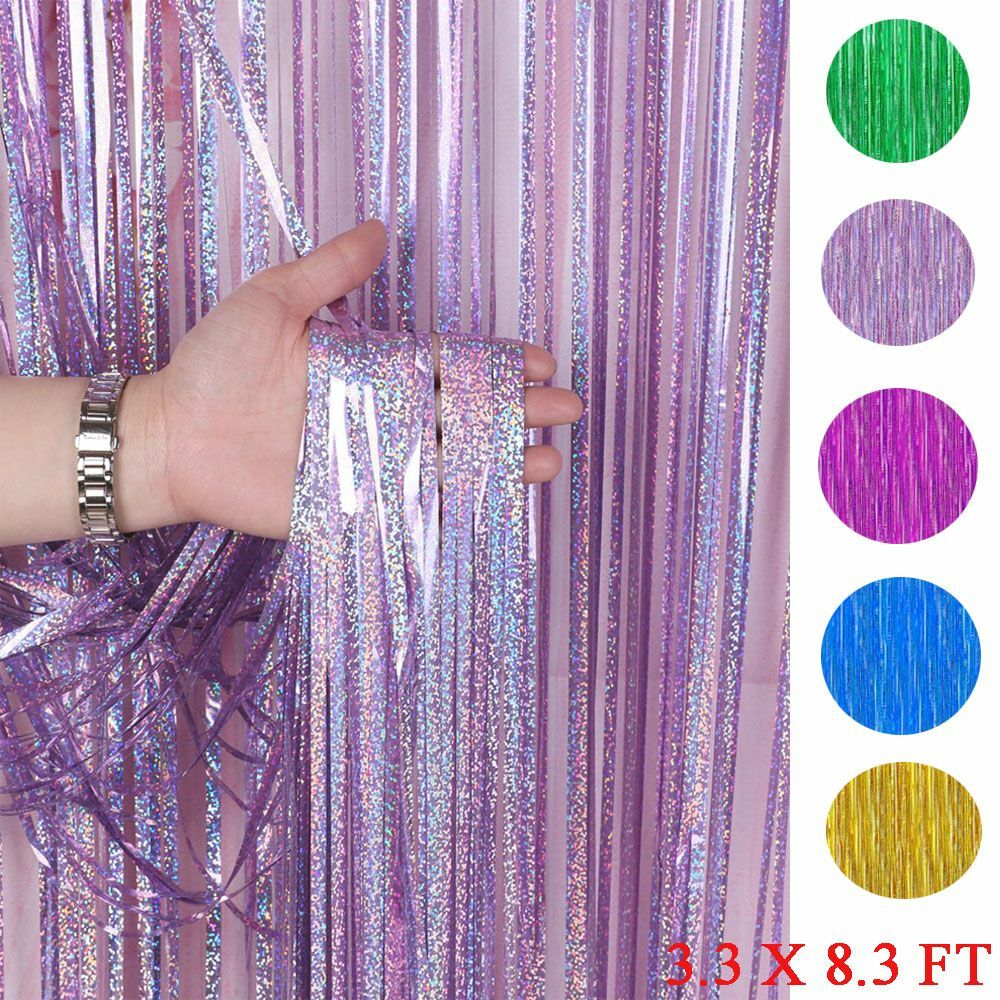 Purple Laser Tablecloth & Tinsel Fringe Curtains - Party Backdrop Decor Set Of 5