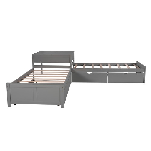 L-shaped Platform Bed with Trundle and Drawers Linked with built-in Desk,Twin,Gr - Picture 10 of 12