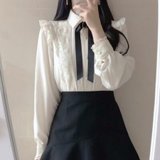 Spitze Hemd Bluse Top Schleifenknopf Rüschen Lolita Langärmlig Büro Damen