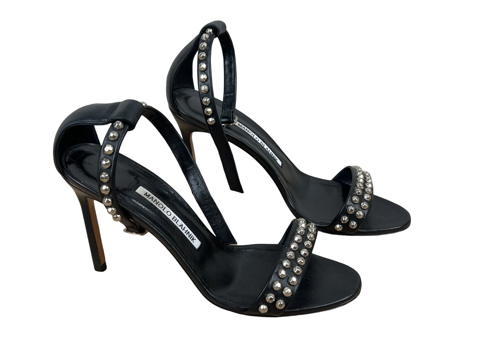 MANOLO BLAHNIK Leather Studded Accents Black Sandals Size 37.5 US 7