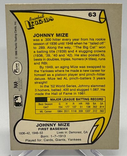 1988 Pacific Trading #63 Autographed Johnny Mize Card. HOF - Picture 2 of 2