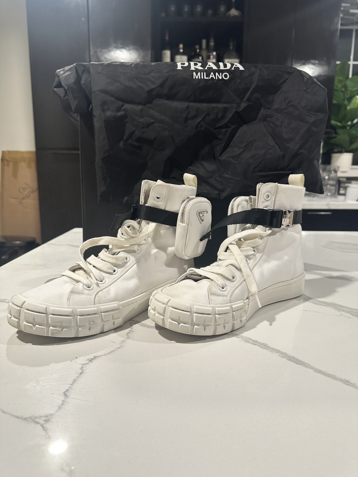 Prada White High Top Sneakers with Nylon Zip Pouch Size 9 US-image