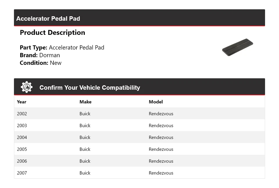 Almohadilla de pedal acelerador para Buick Rendezvous Dorman 2002-2007 2003 2004 2005 2006 Foto 2 de 4