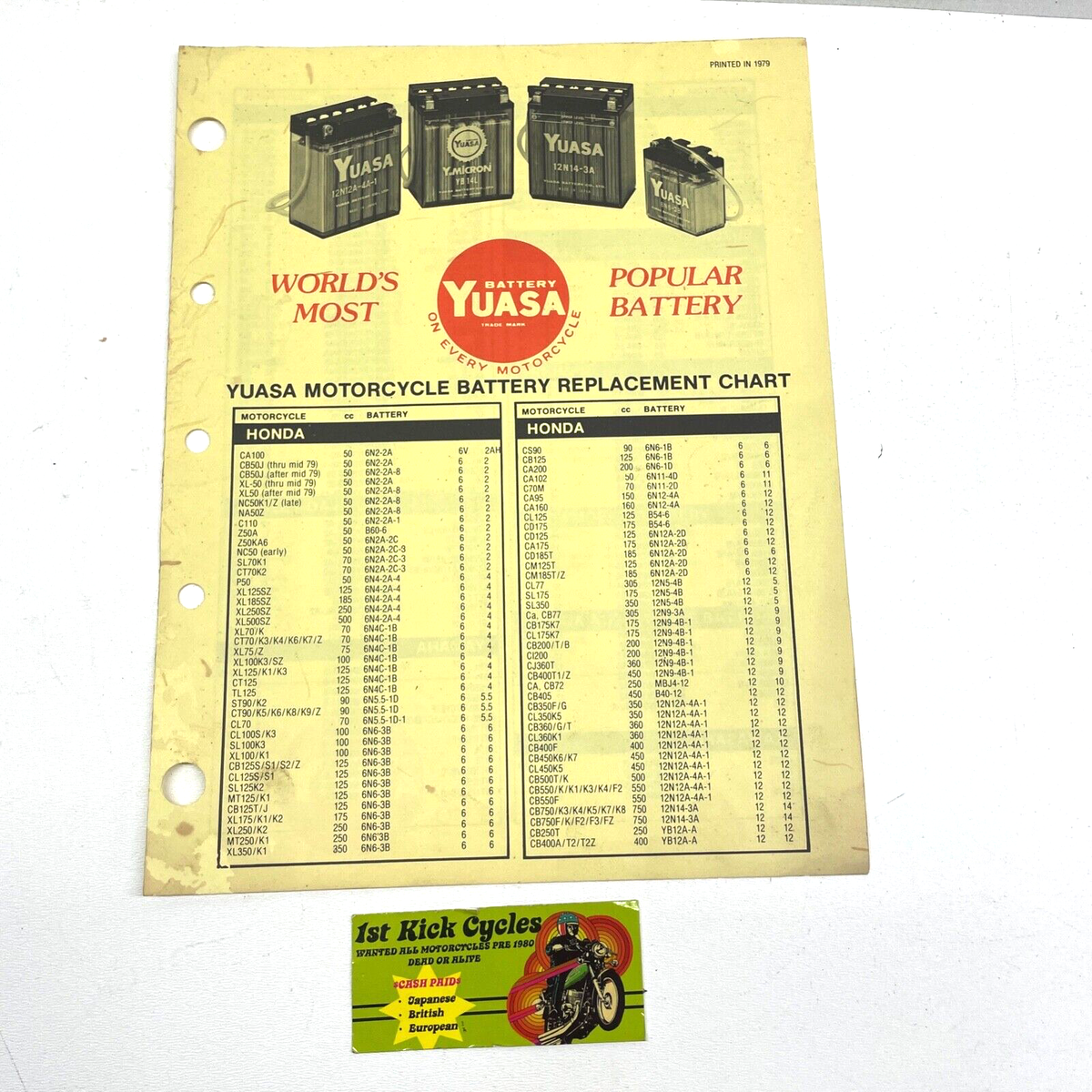 VINTAGE YUASA BATTERY MOTORCYCLE BATTERY REPLACEMENT CHART | eBay
