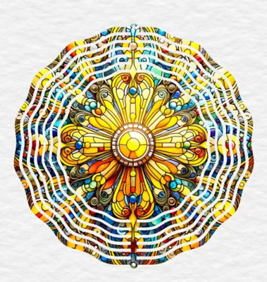Stained Glass Flower 10'' Round 3-D Wind Spinner Yellow