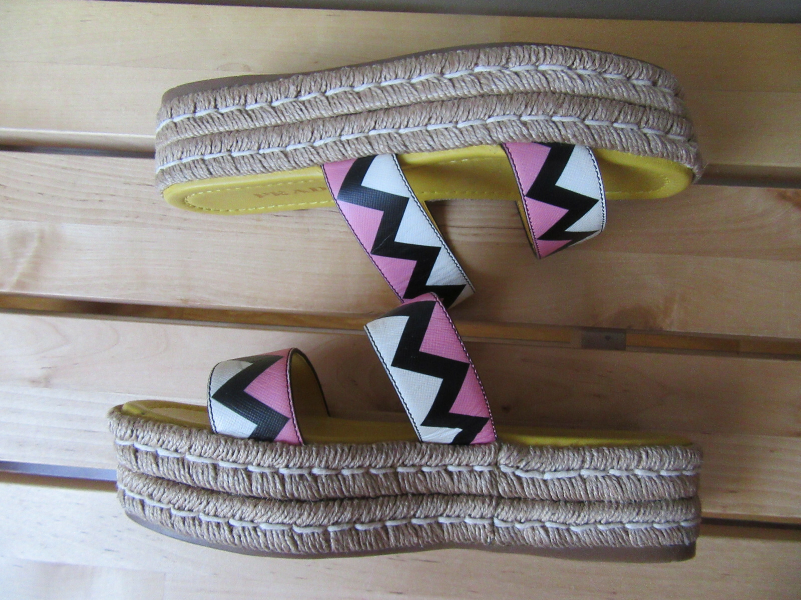Prada Black/White/Pink Leather Platform Espadrille Slide Sandal Size 37, 7 US image 8