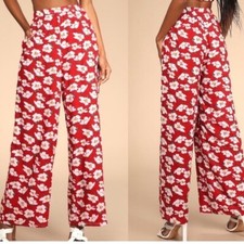 Lulus Red Floral Wide Leg Pants Womens Medium Resortwear Vacation Beach Spring