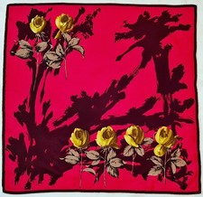 SCARF VINTAGE AUTHENTIC FLORAL ART ROSES RED YELLOW BROWN SILK 31" SQUARE