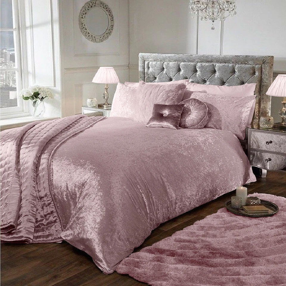 BLUSH PINK CRUSHED VELVET DUVET COVER PILLOW CASE BED BEDDING SET LUXURY
